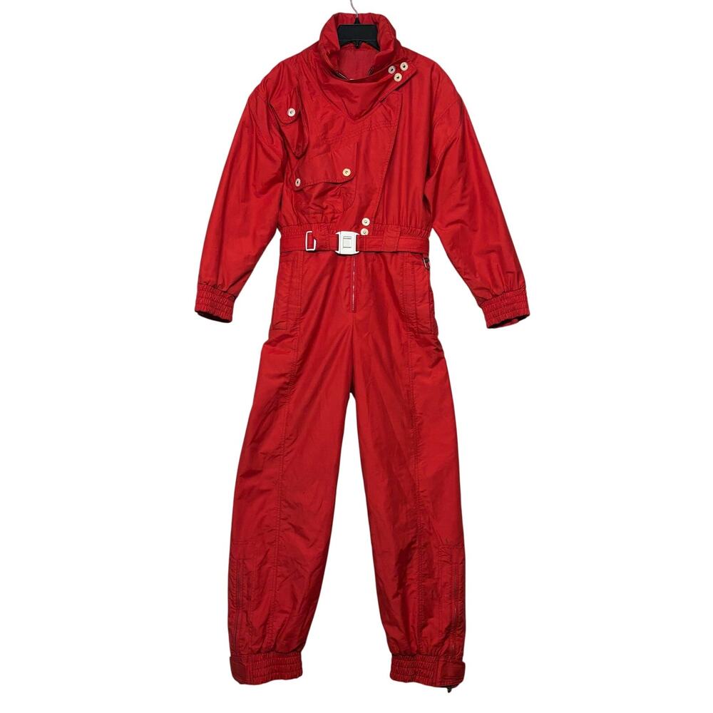 Vintage Bogner Snow Suit 10 Red Belted Assymetrical Ivory Buttons USA Designer